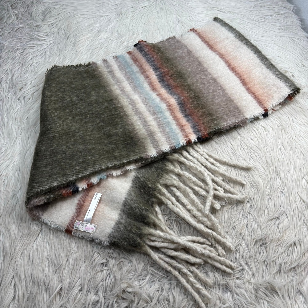 Free People Plush Knit Multi-Color Striped Oversized Blanket Scarf Fringe Cozy